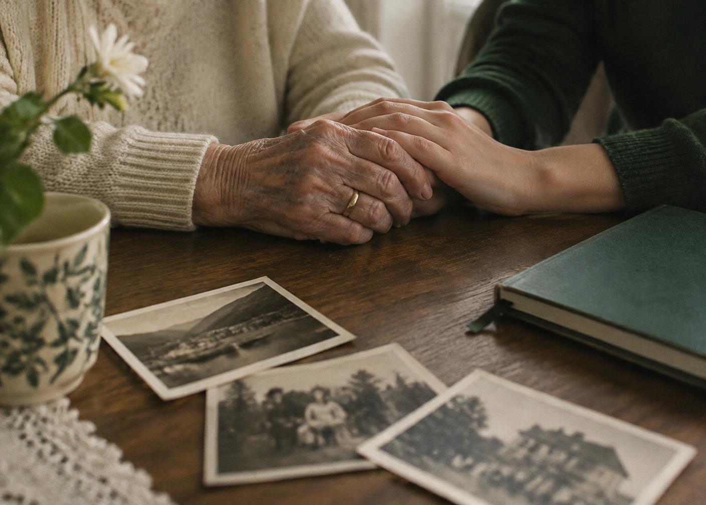 Mãos de duas gerações sobre uma mesa, junto a fotografias impressas