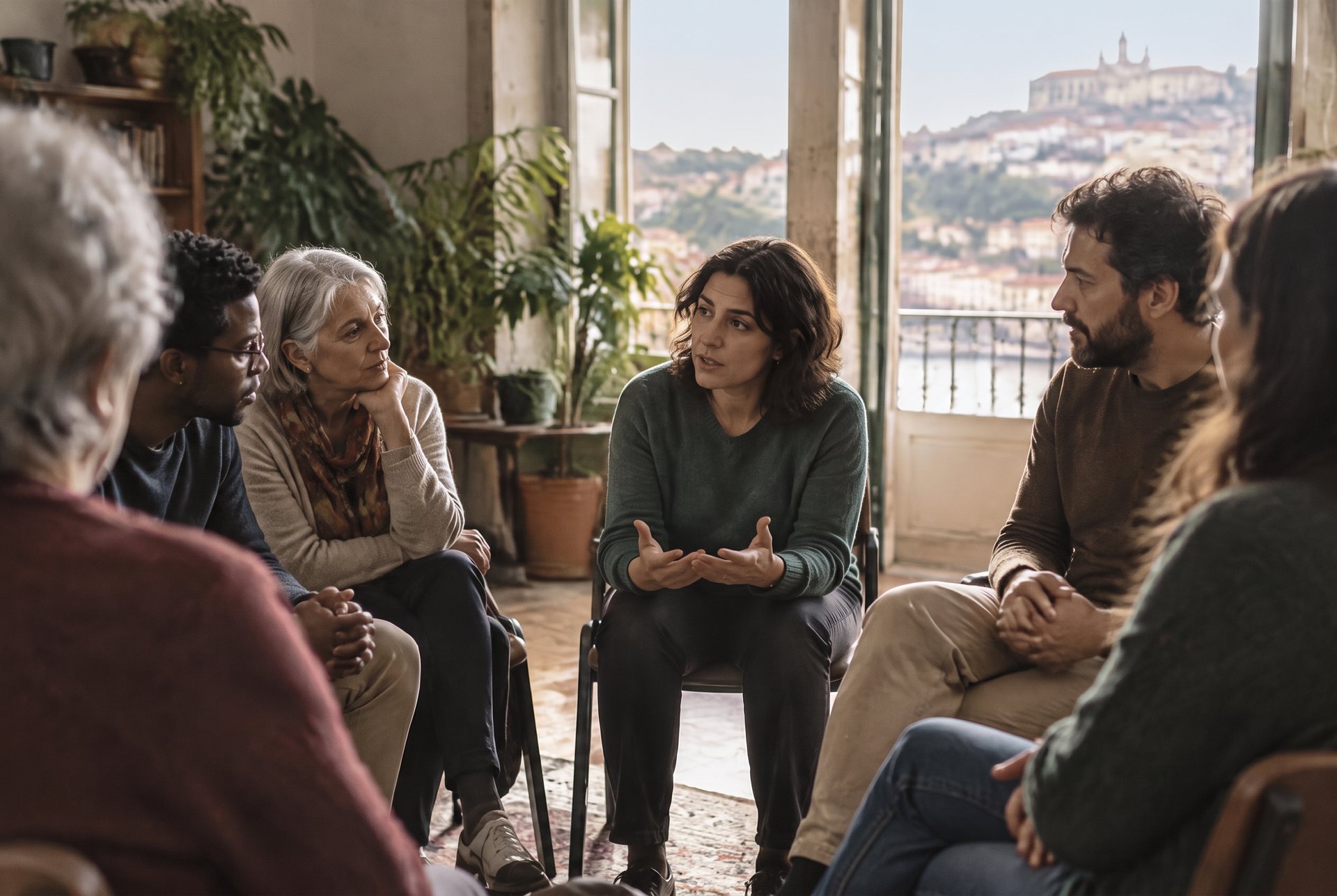 Grupo de pessoas de diferentes idades em conversa num espaço comunitário em Coimbra
